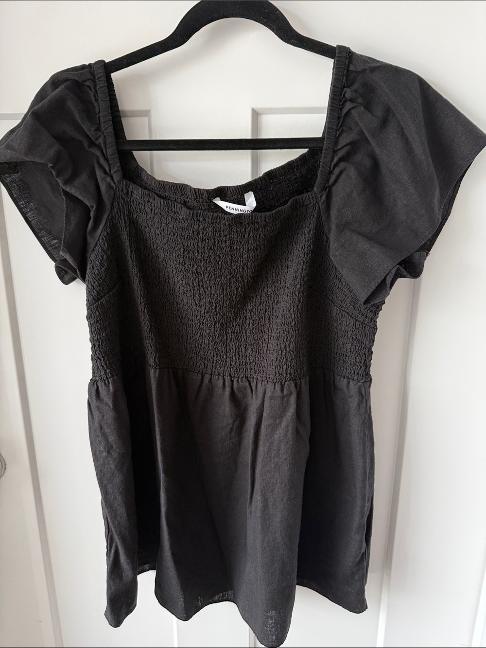 Penningtons Black Smocked Square Neck Flutter Sleeve Top